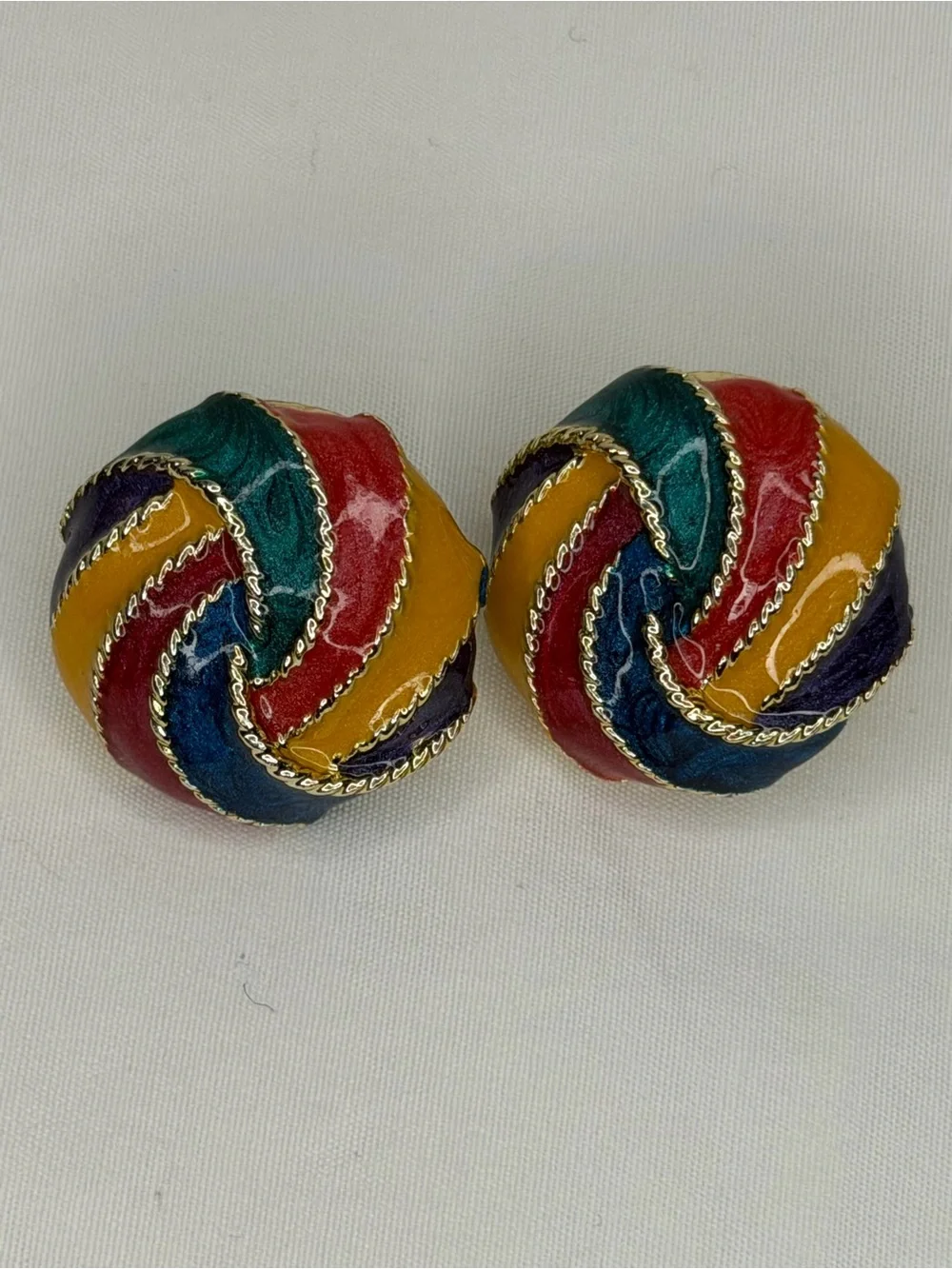 Vintage cloisonné stud earrings multi-colored enamel design on a gold-tone base.